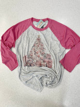 Load image into Gallery viewer, Festive Pink Shabby Chic Christmas Tree Raglan T-Shirt with Sparkling Rhinestones
