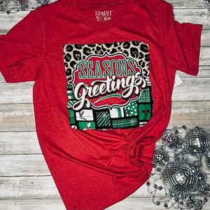 Season's Greetings Red, Green and Cheetah print Christmas Tshirt