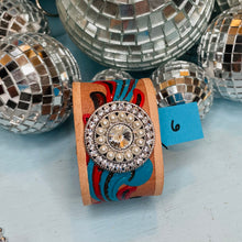 Load image into Gallery viewer, Small Hand Painted Tooled Leather Belt Bracelet with Rhinestone Bling Brooch
