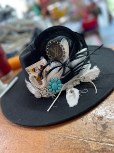 Custom Styled Black Wide Brim Hat Boho Western Women's Flea Market Round Top