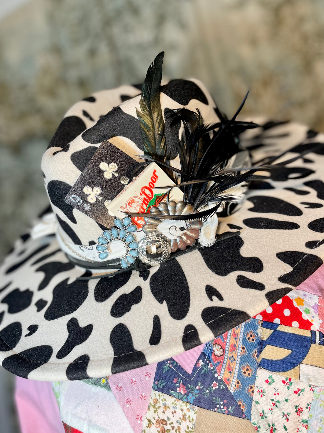 Custom Styled Cowprint Wide Brim Hat Boho Western Women's Flea Market Round Top