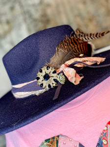 Custom Styled Navy Blue Wide Brim Hat Boho Western Women's Flea Market Round Top