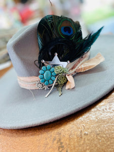 Custom Styled Grey Wide Brim Hat Boho Western Women's Flea Market Round Top