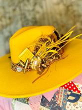 Load image into Gallery viewer, Custom Styled Mustard Yellow Wide Brim Hat Boho Western Women&#39;s Flea Market Round Top
