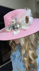 Custom Styled Light Pink Wide Brim Hat Boho Western Women's Flea Market Round Top