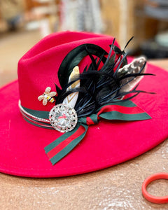 Custom Styled Red Wide Brim Hat Boho Western Women's Flea Market Round Top