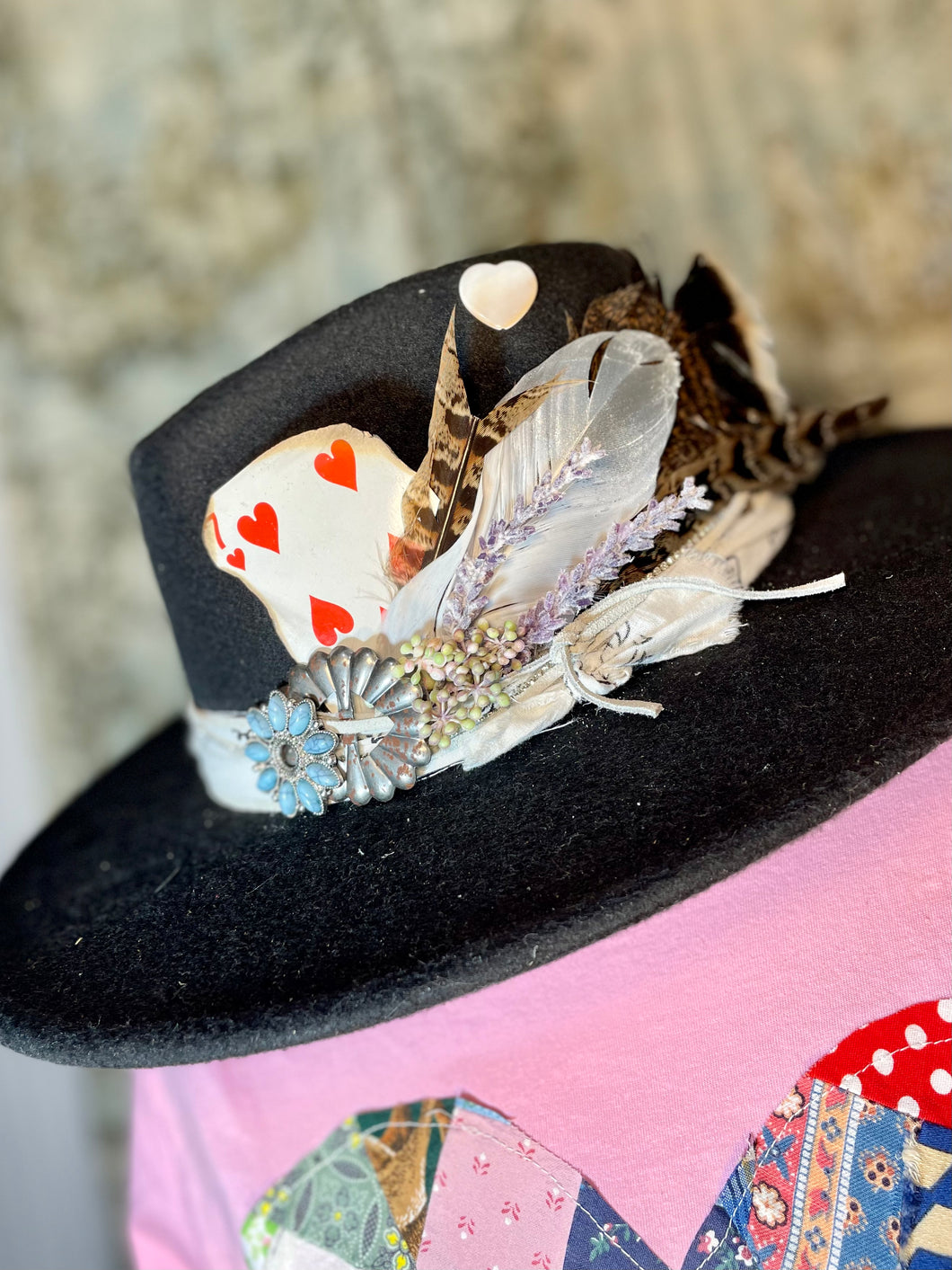 Custom Styled Black Wide Brim Hat Boho Western Women's Flea Market Round Top