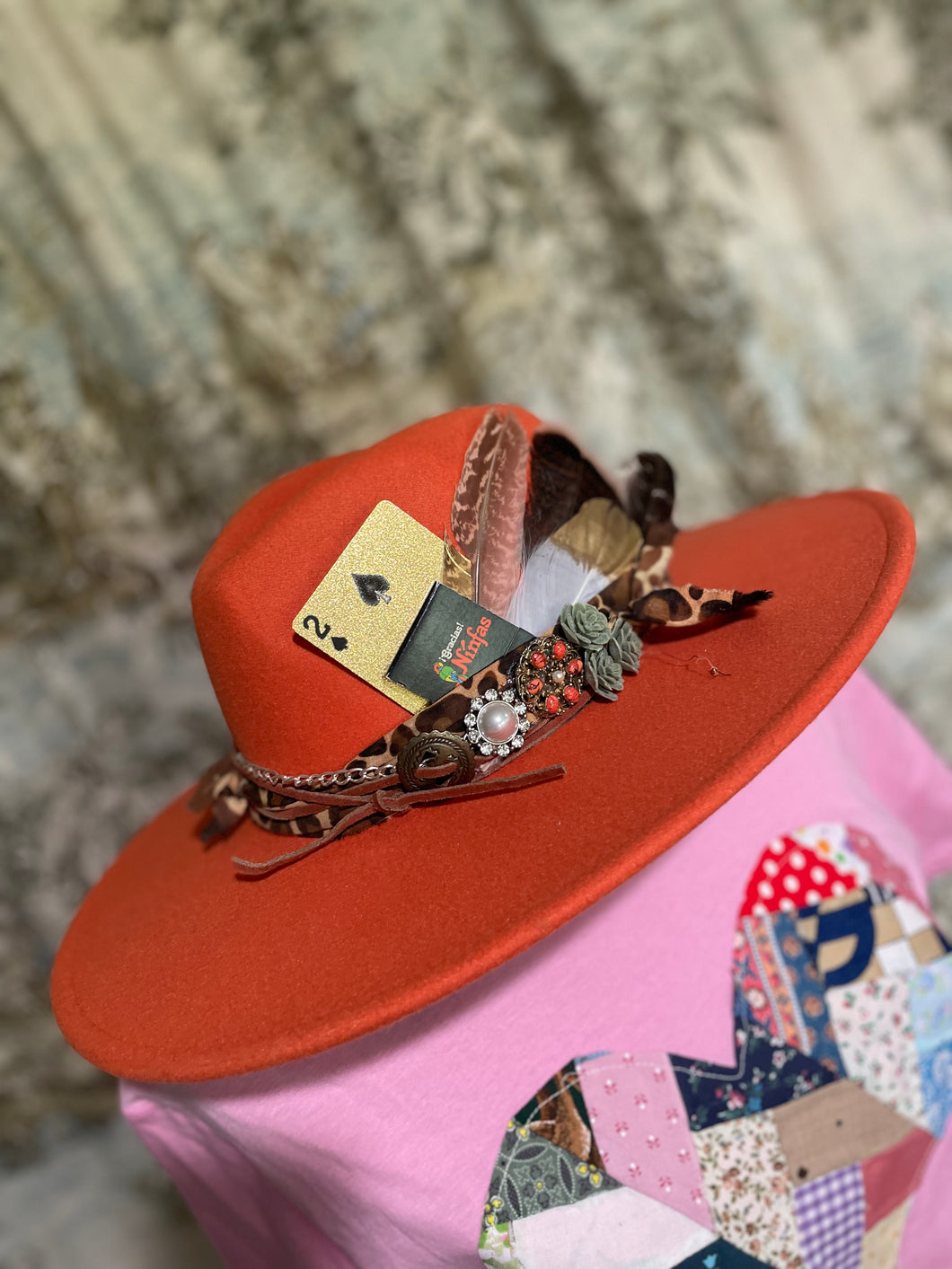 Custom Styled Orange Wide Brim Hat Boho Western Women's Flea Market Round Top