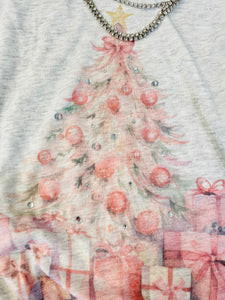 Festive Pink Shabby Chic Christmas Tree Raglan T-Shirt with Sparkling Rhinestones
