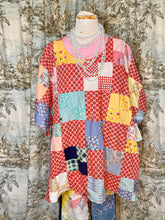 Load image into Gallery viewer, Vintage Quilt Tunic Top Red Gingham Blocks  Handmade Bohemian Gypsy Style Festival Quilt Top Vintage Patchwork Quilt Top handmade / grandmas garden quilt dress / long quilt dress Quilt Patchwork Dress / Vintage Patchwork Quilt / Farm Dress
