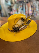 Load image into Gallery viewer, Custom Styled Mustard Yellow Wide Brim Hat Boho Western Women&#39;s Flea Market Round Top
