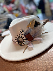 Custom Styled Soft White Wide Brim Hat Boho Western Women's Flea Market Round Top
