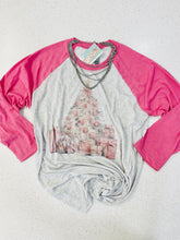 Load image into Gallery viewer, Festive Pink Shabby Chic Christmas Tree Raglan T-Shirt with Sparkling Rhinestones
