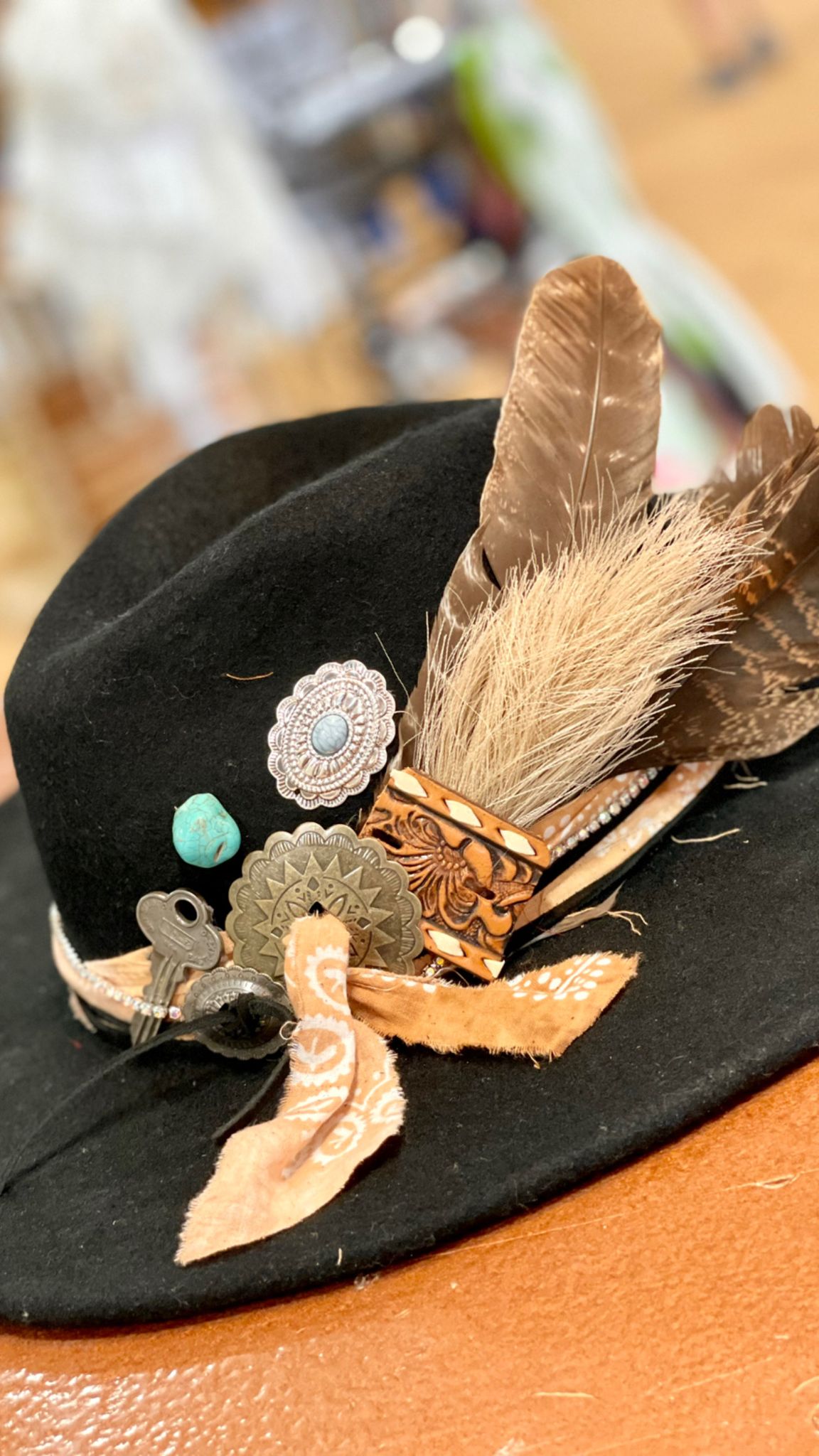 Custom Hat Band with Feathers Bandana Bling Rhinestone Concho Succulen